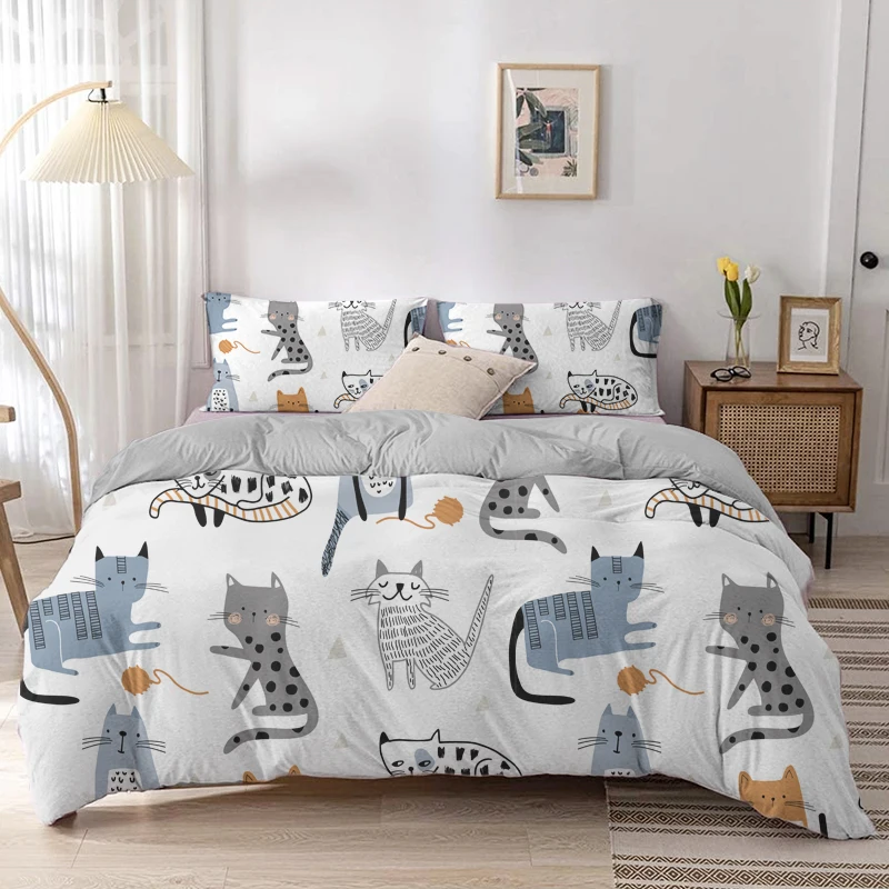Linen Duvet Cover - 만화 고양이 이불 커버 세트, 만화