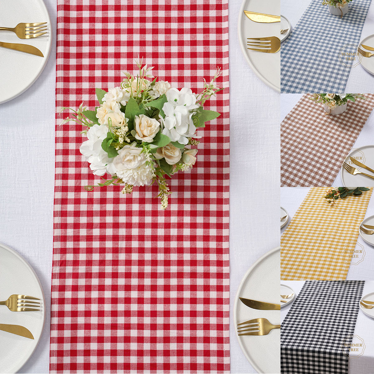 Home Textiles Plaid - 소박한 플래드 코튼 테이블 러너 깅엄
