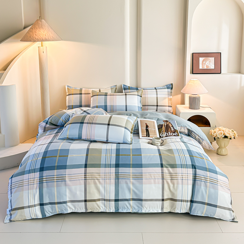 Linen Duvet Cover - 4PCS 블루 체크무늬 침구 세트 현대적인