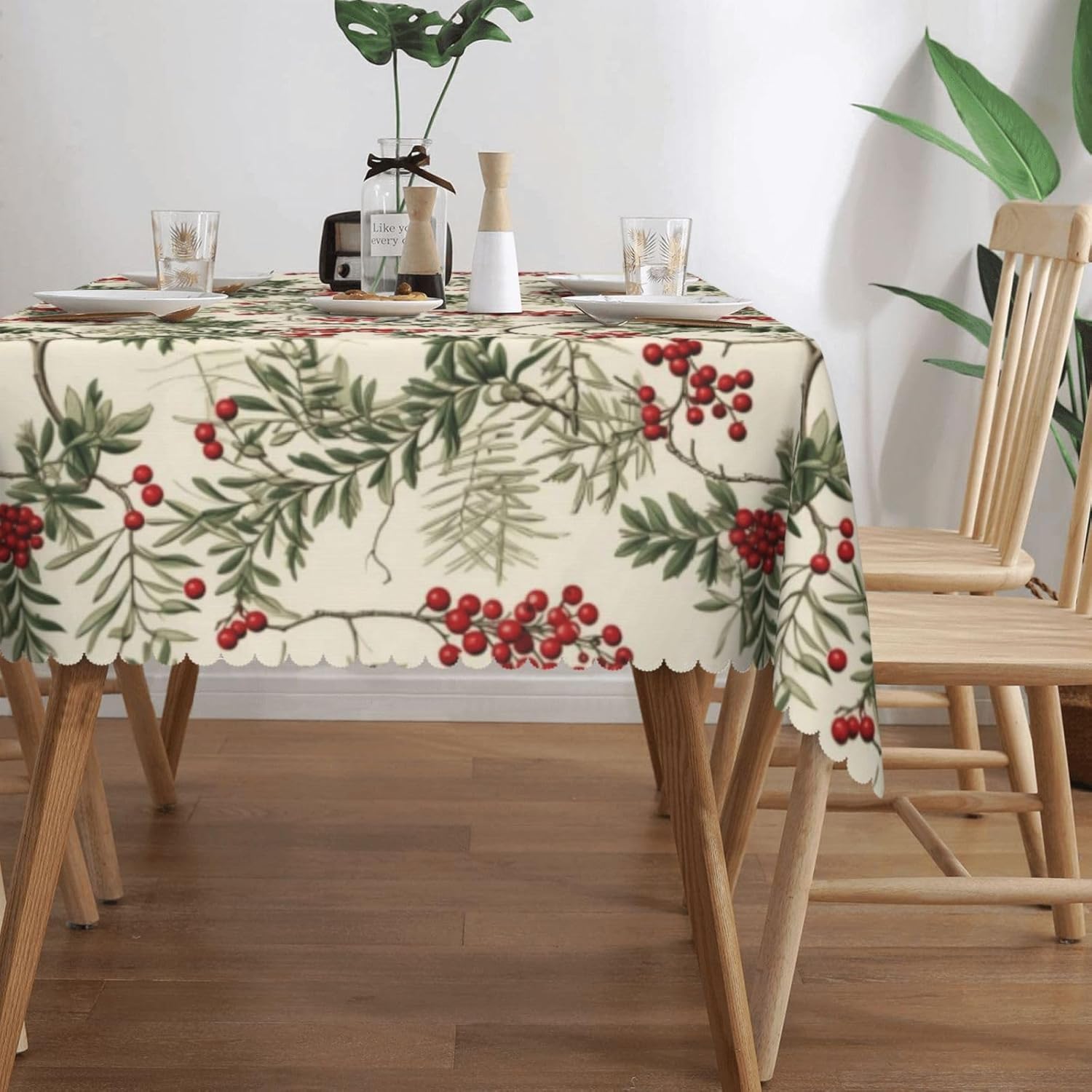 수채화 홀리베리 크리스마스 테이블보, 우아하고 축제 분 - Home Textiles Premium 리뷰 및 가격