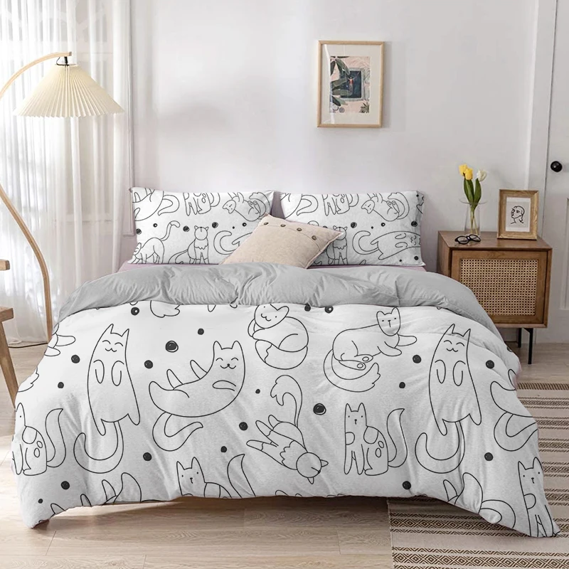 만화 고양이 이불 커버 세트, 만화 동물 프린트 침구  - Linen Duvet Cover 리뷰 및 가격