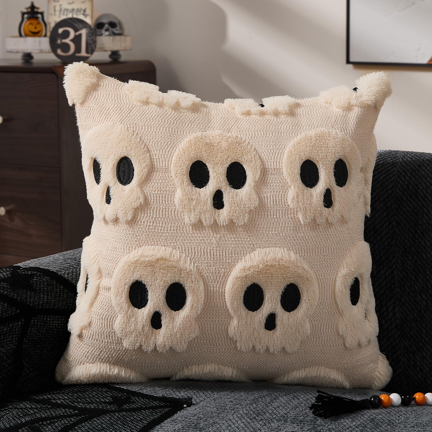 할로윈 베개 커버 18x18 인치 베이지색 해골 할로윈 - Pillow Insert 18X18 리뷰 및 가격