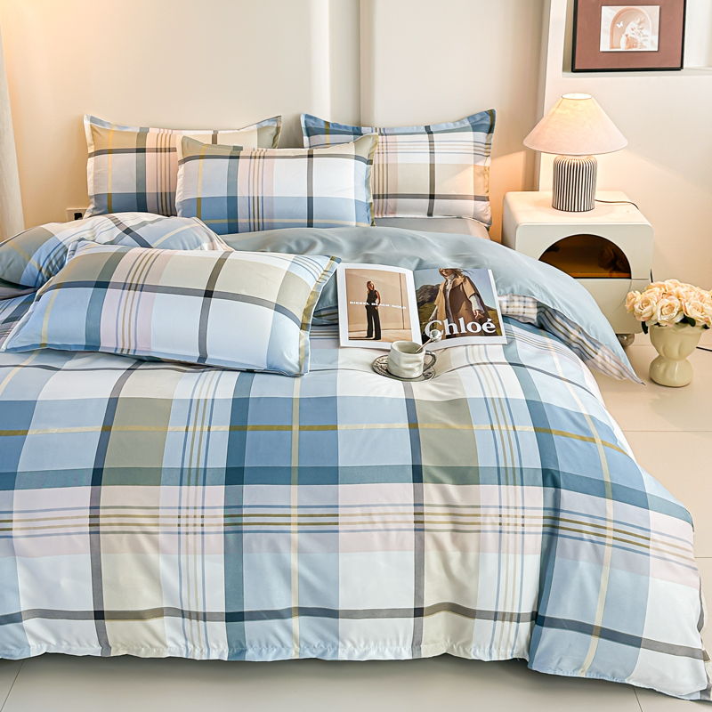 4PCS 블루 체크무늬 침구 세트 현대적인 기하학적 그 - Linen Duvet Cover 리뷰 및 가격