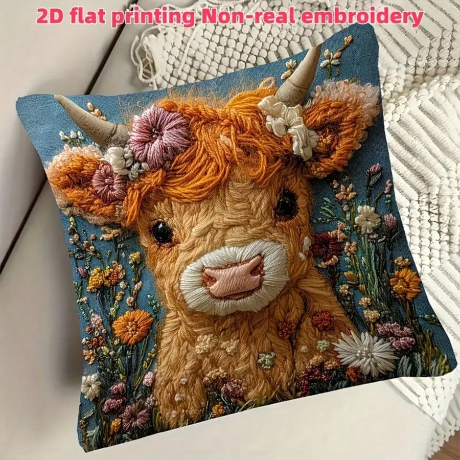 1개 빈티지 하이랜드 소 장식용 베개 커버, 2D 자수 - Pillow Insert 18X18 리뷰 및 가격